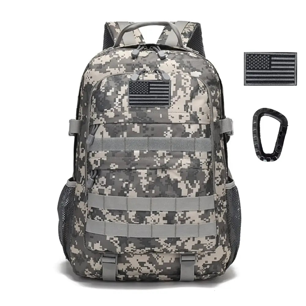 A tactical backpack with a digital camouflage pattern in shades of gray and beige, featuring multiple gray webbing straps and an american flag patch on the front.