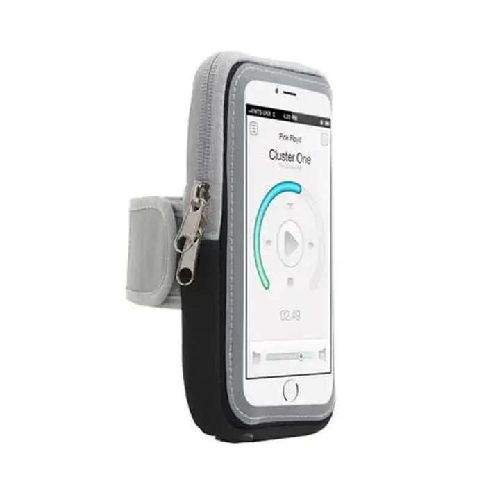 Gray and black athletic phone armband with a zipper closure.