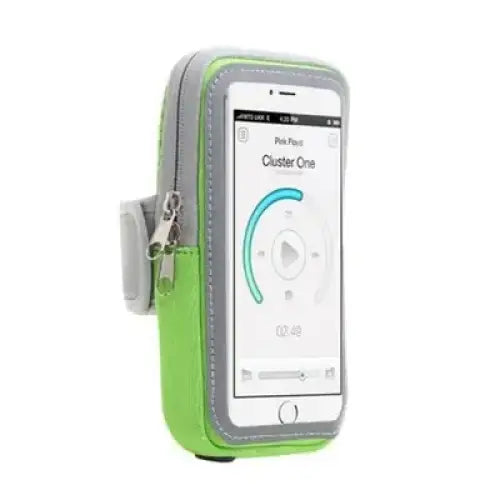 Lime green and gray athletic phone armband with zipper closure.