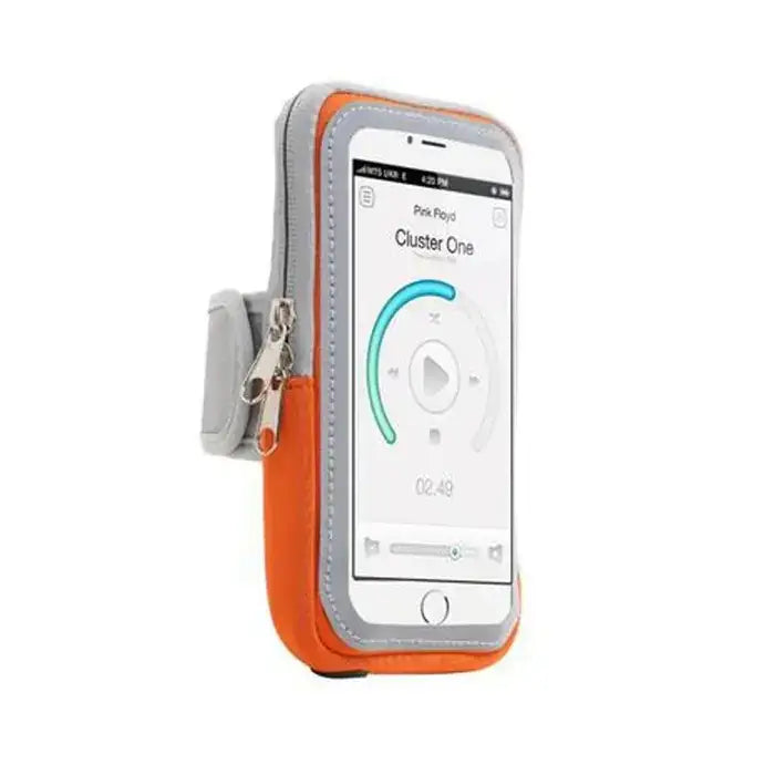 Orange and gray athletic phone armband with zipper closure
