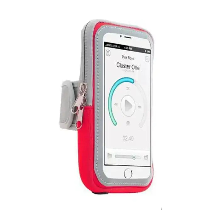 Red and gray athletic phone armband with a zipper closure.
