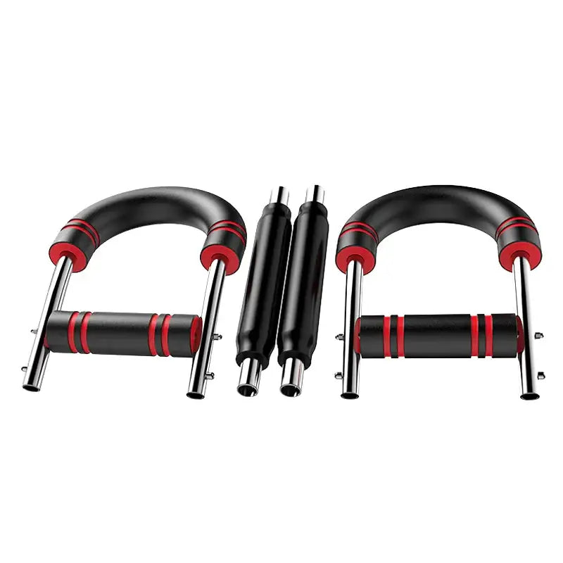 Black and red adjustable push-up bars with ergonomic rubber grips.