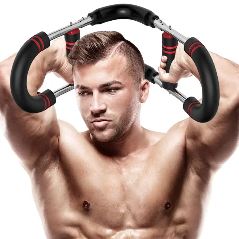 Black and red adjustable resistance training bar with padded grips.