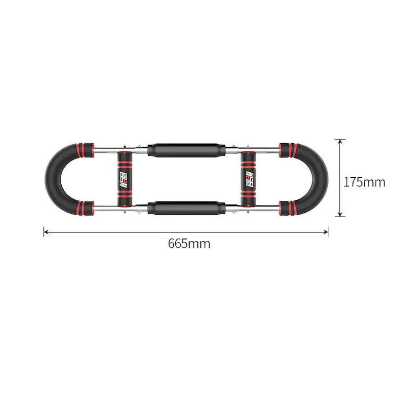 Black and red dual-bar resistance training bar with padded grips.