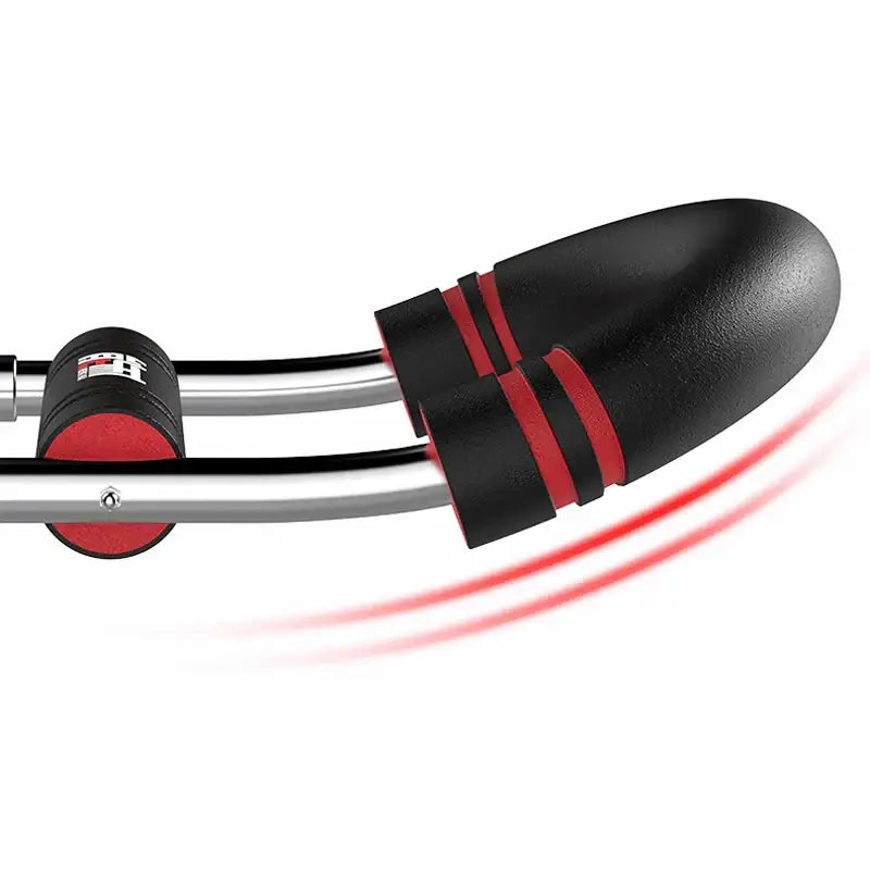Black and red ergonomic massage roller with a sleek, contoured design for targeted muscle relief.
