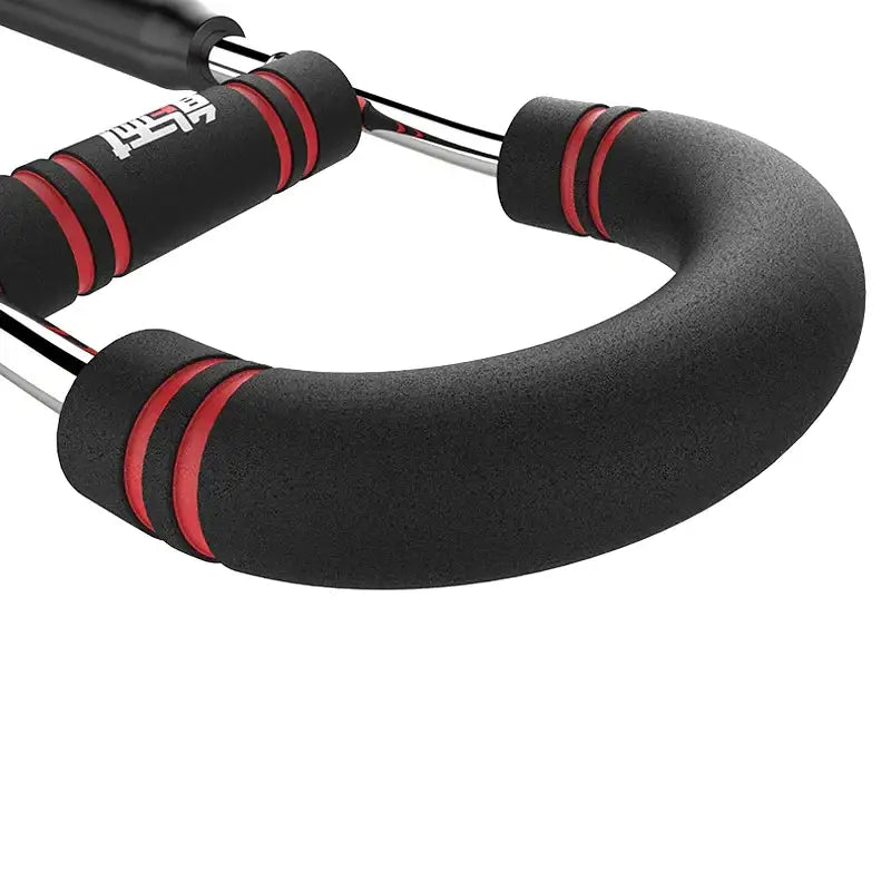 Black and red foam-handled resistance training bar with metallic rods.