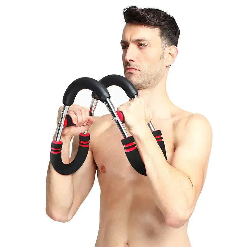 Black and red rubber-coated resistance training handles with metallic silver shafts.