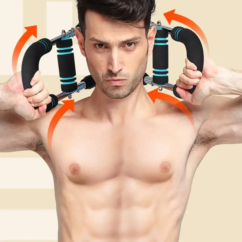 Black and teal resistance band shoulder trainer with padded handles.