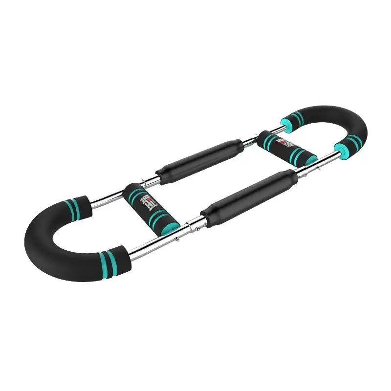 Black and teal rubber-coated metal resistance band exerciser with adjustable length.