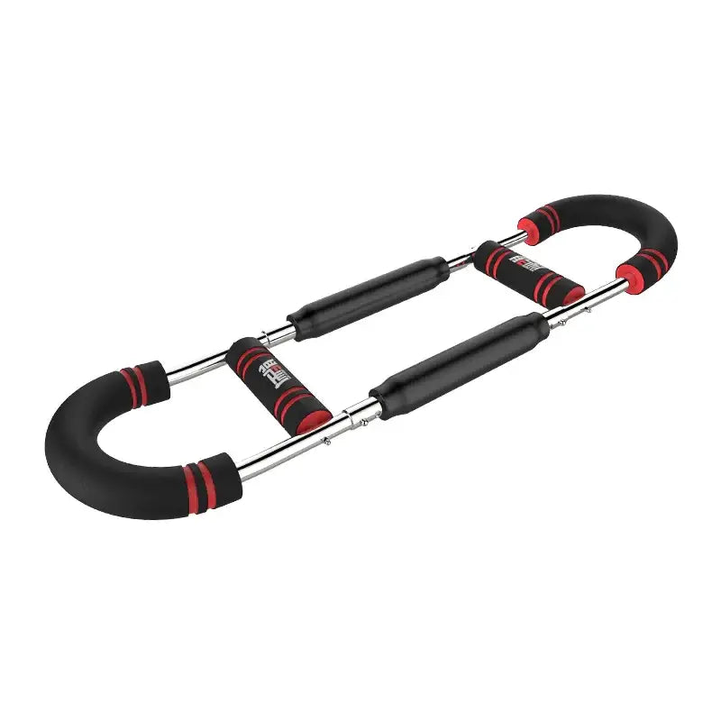 Black and red ergonomic hand grip exerciser with padded handles.
