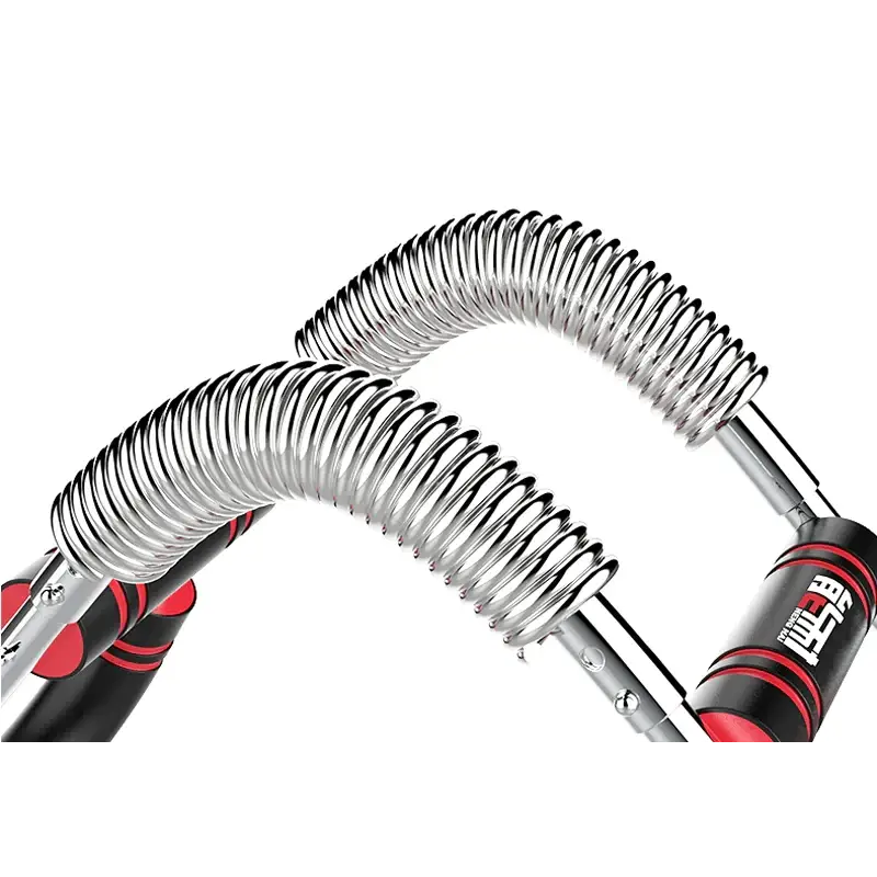 Silver-coated spring-loaded arm exerciser with black and red ergonomic handles.