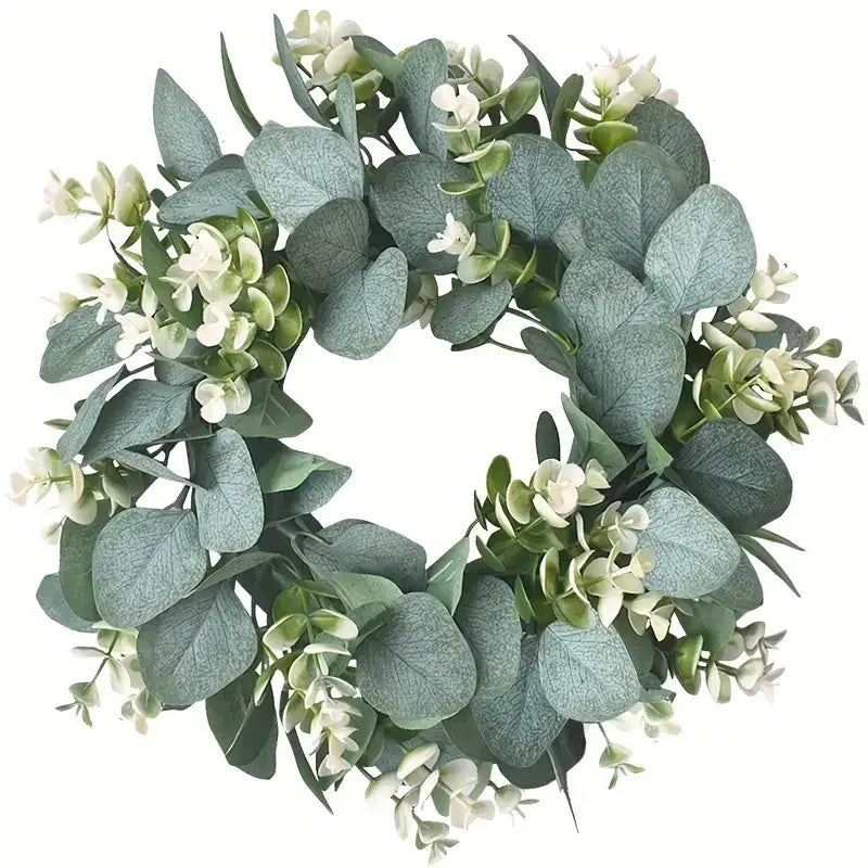 Eucalyptus leaf and white flower wreath with a soft, natural green hue.