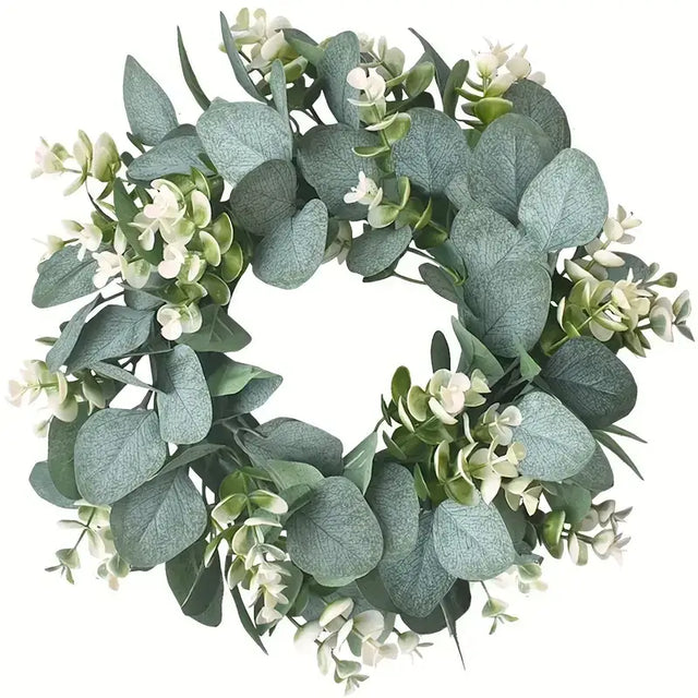 Eucalyptus leaf and white flower wreath with a soft, natural green hue.