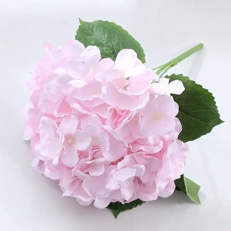 A delicate pink hydrangea bouquet with lush, layered petals and vibrant green leaves.