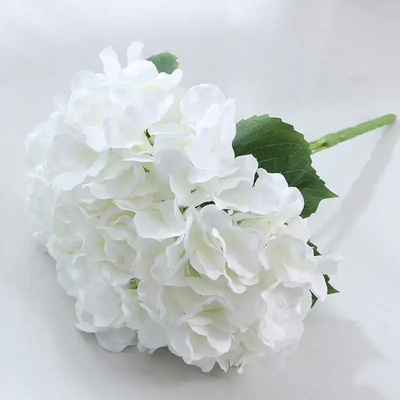 A delicate white hydrangea bouquet with lush, layered petals and vibrant green leaves on a slender stem.
