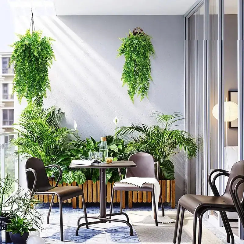 Modern black metal-framed chairs with brown upholstered seats and backrests, arranged around a matching table on a balcony patio.