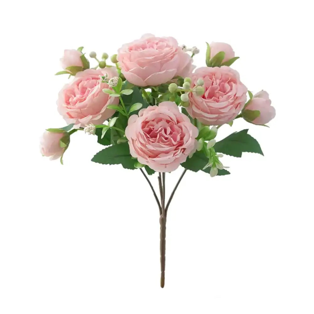 A delicate bouquet of pink artificial roses with green leaves and small white buds, arranged on a single stem.