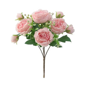 A delicate bouquet of pink artificial roses with green leaves and small white buds, arranged on a single stem.