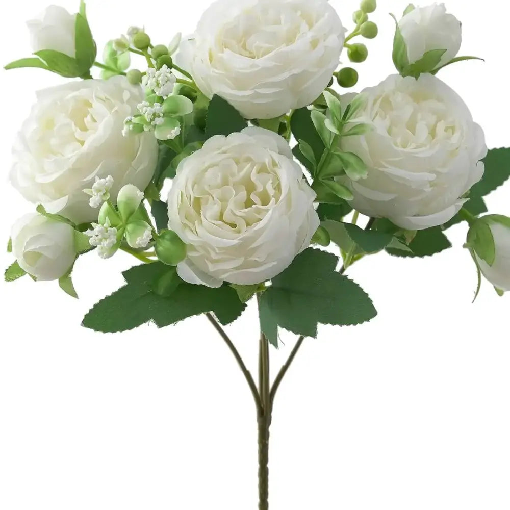 A delicate arrangement of artificial white roses with lush green leaves and buds, crafted from synthetic fabric to mimic the soft texture and natural form of real blooms.
