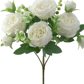 A delicate arrangement of artificial white roses with lush green leaves and buds, crafted from synthetic fabric to mimic the soft texture and natural form of real blooms.