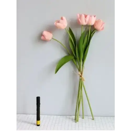 A delicate bouquet of pink tulips with green stems and leaves, tied together at the base.