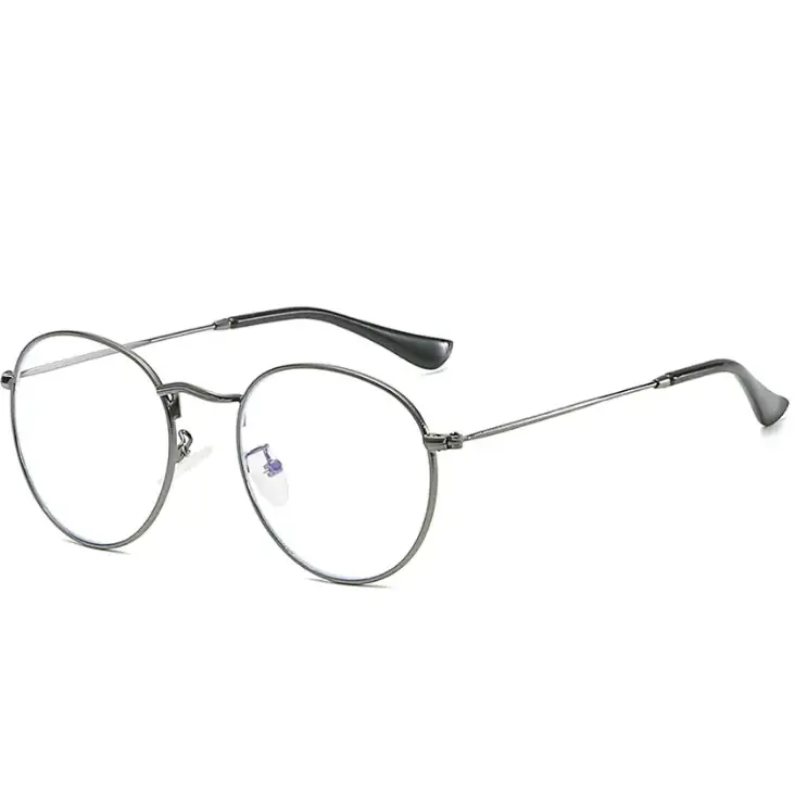 Round-framed reading glasses with a sleek, metallic silver frame and black temple tips.