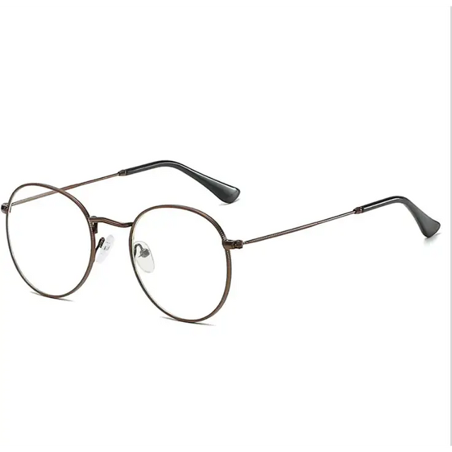 Round-framed eyeglasses with a matte bronze metal frame and black temple tips.