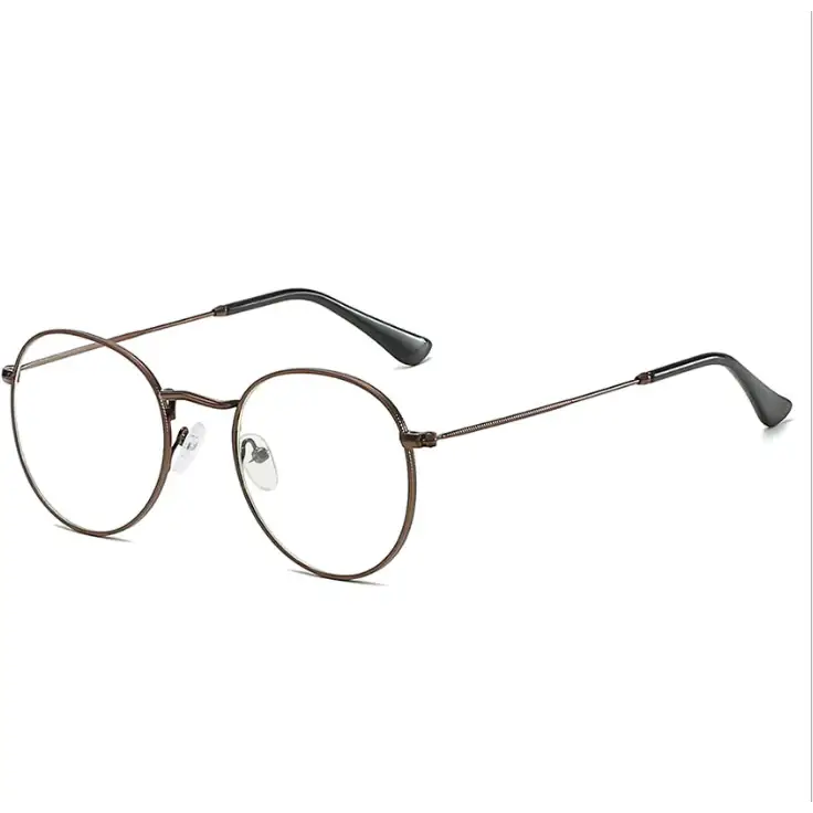 Round-framed eyeglasses with a matte bronze metal frame and black temple tips.