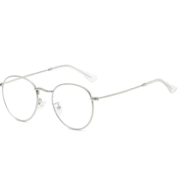 Silver round-framed glasses with clear temple tips.
