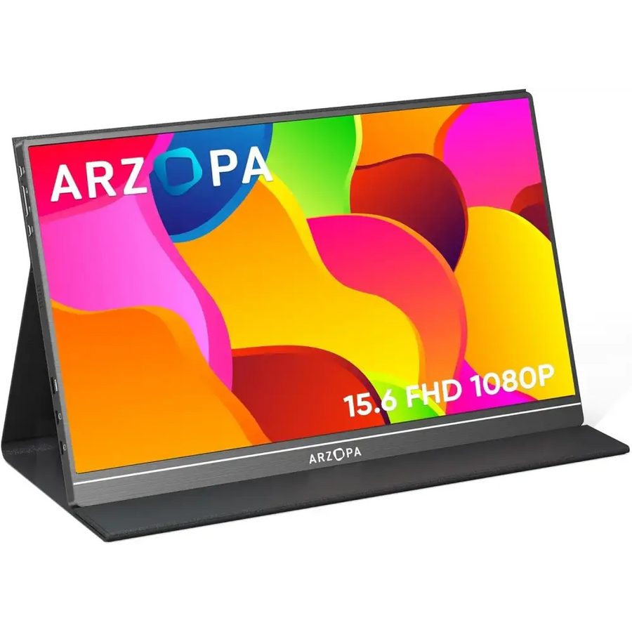 Black arzopa 15.6-inch fhd 1080p portable monitor with a sleek, slim bezel and stand design