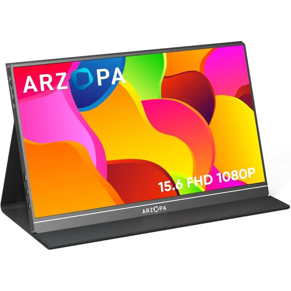 Black arzopa 15.6-inch fhd 1080p portable monitor with a sleek, slim bezel and stand design