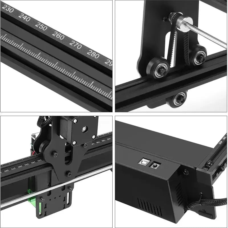 Black metal 3d printer with precision linear rails and gear-driven components.
