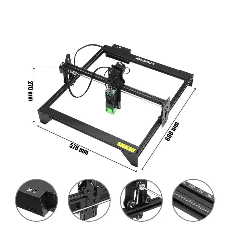 Black atomspack laser engraving machine with a green-lit cutting head and precise metal frame.