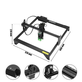 Black atomspack laser engraving machine with a green-lit cutting head and precise metal frame.