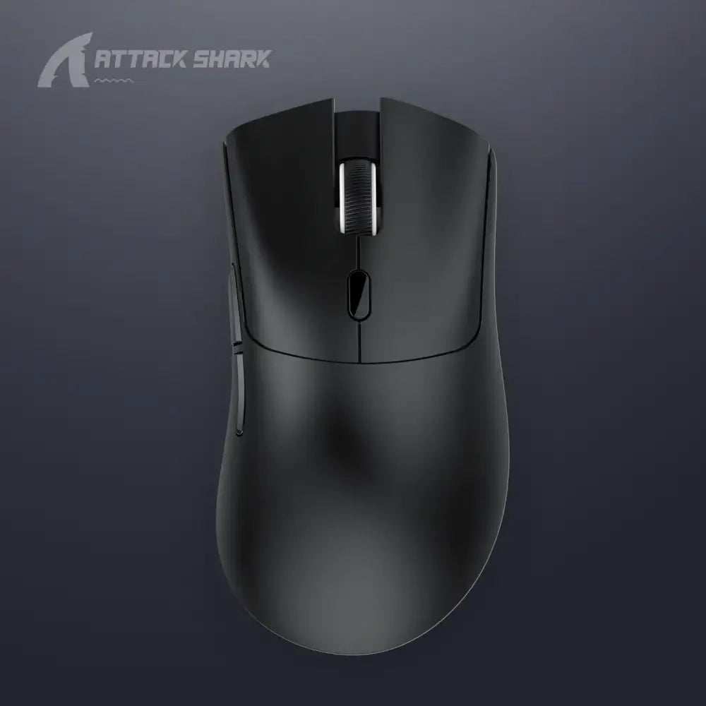Black attack shark wireless gaming mouse with a matte finish and metallic scroll wheel.
