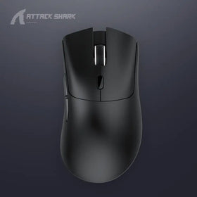 Black attack shark wireless gaming mouse with a matte finish and metallic scroll wheel.