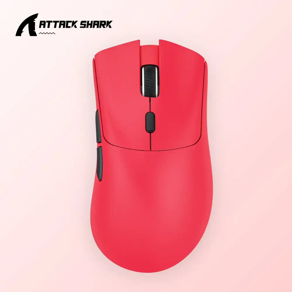 Red attack shark gaming mouse with black scroll wheel and side buttons.