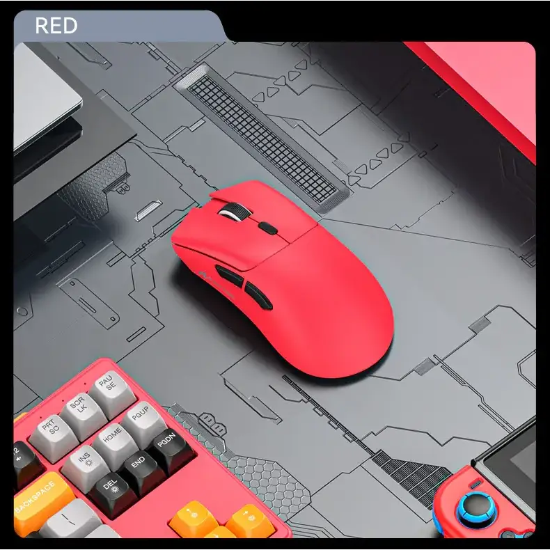 Vibrant red wireless gaming mouse with sleek ergonomic design and black scroll wheel.