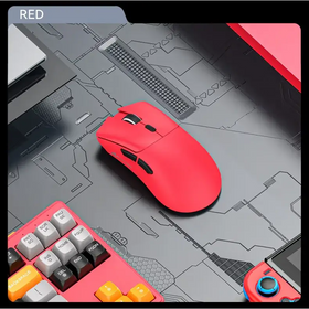 Vibrant red wireless gaming mouse with sleek ergonomic design and black scroll wheel.