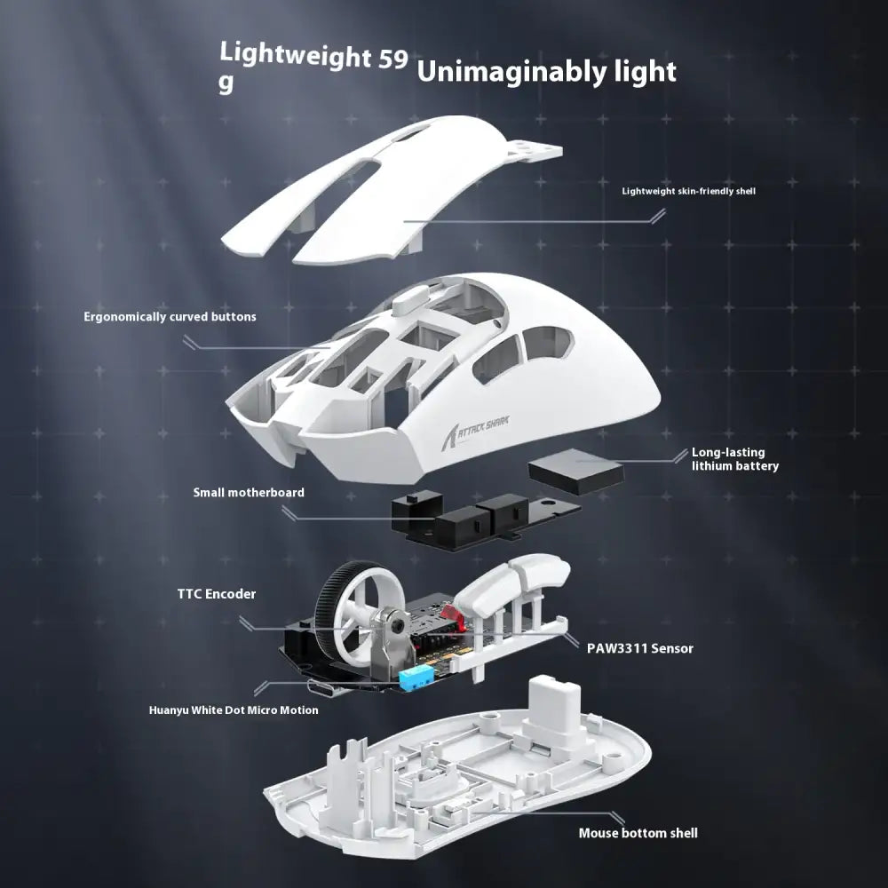 White aitrix s90r gaming mouse with a lightweight, ergonomic design and internal components including a paw3311 sensor.