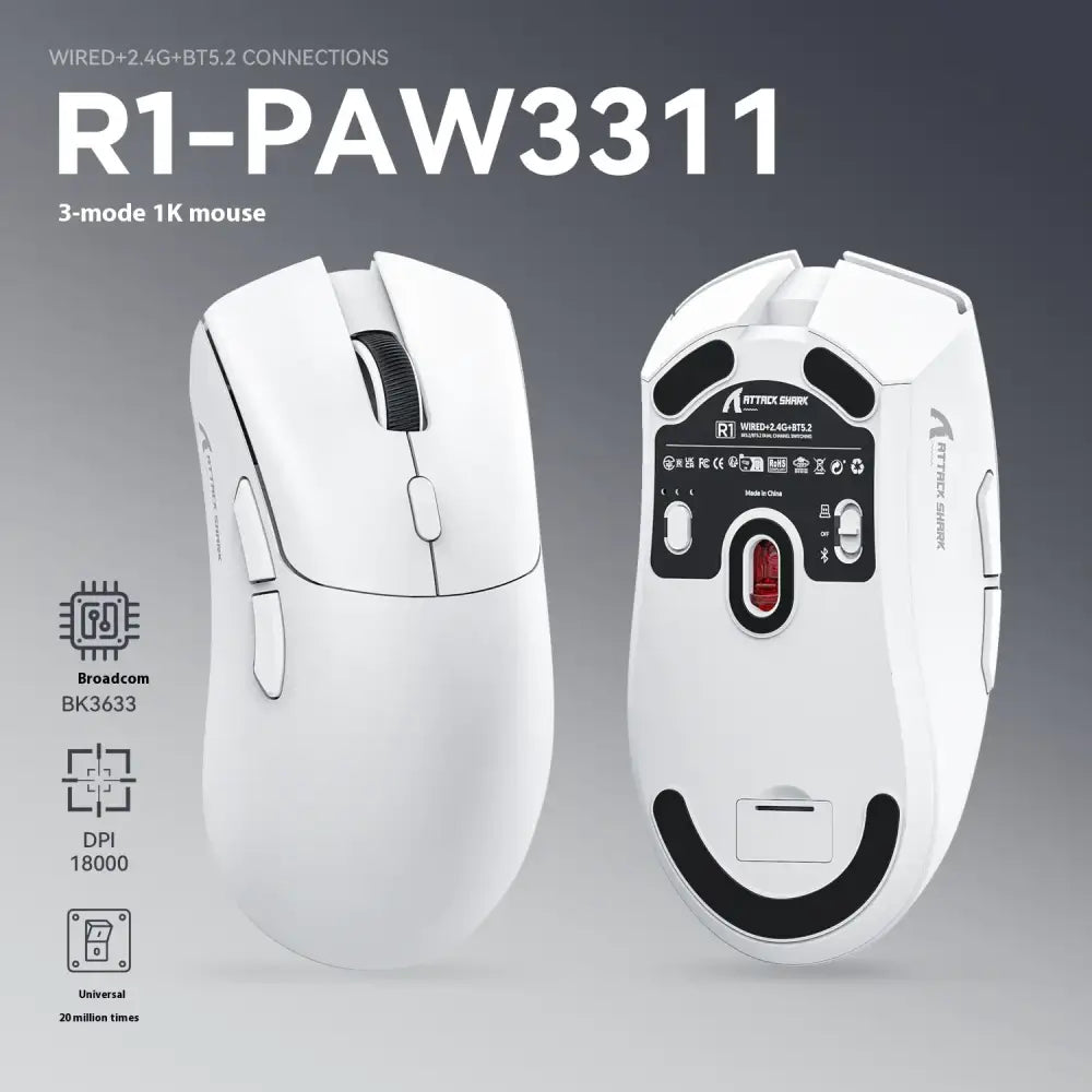 White r1-paw3311 gaming mouse with black accents and a red led light on the underside
