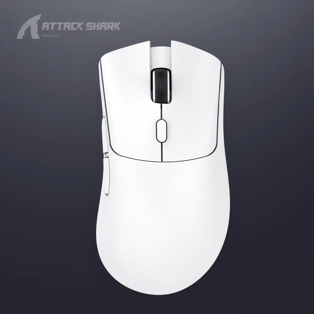 White attack shark gaming mouse with a sleek, ergonomic design and black textured scroll wheel.