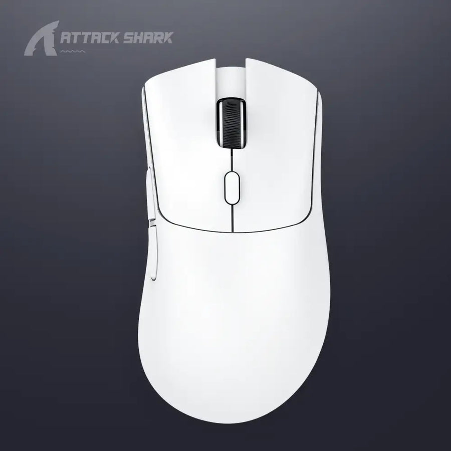 White attack shark gaming mouse with a sleek, ergonomic design and black textured scroll wheel.