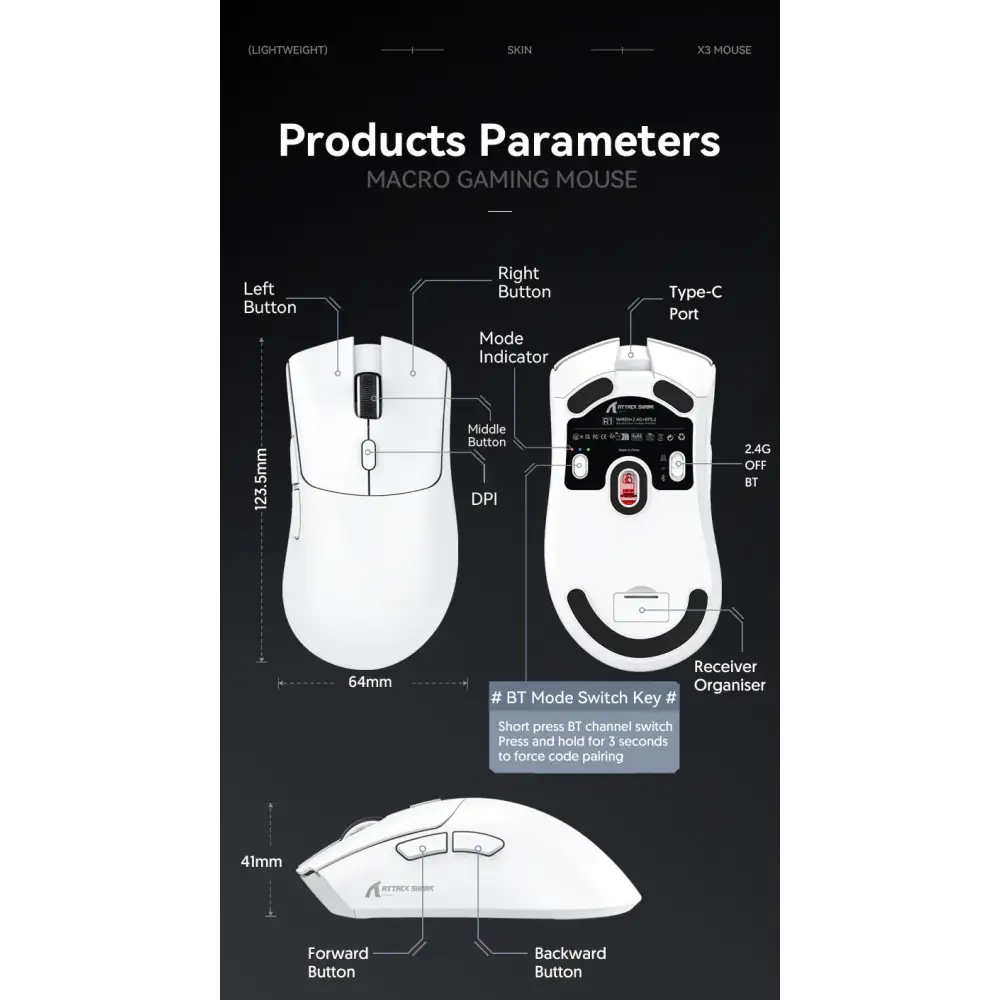 White wireless gaming mouse with sleek ergonomic design and a type-c port.