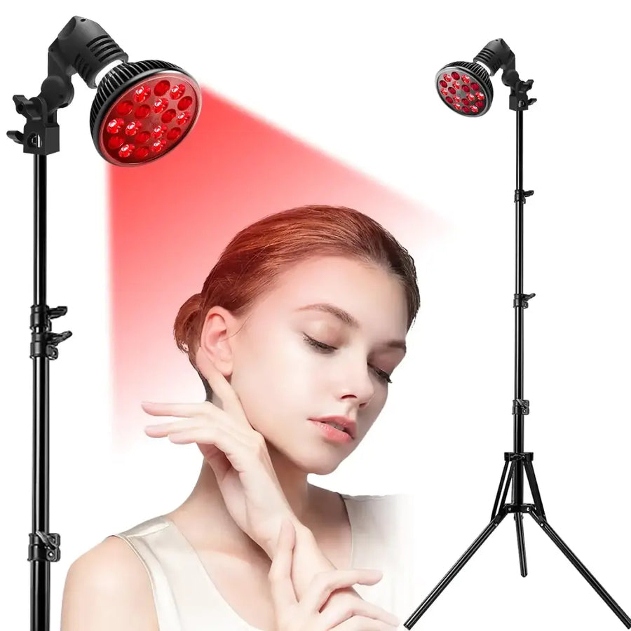 Black adjustable led red light therapy lamps with circular arrays of bright red leds mounted on extendable stands.