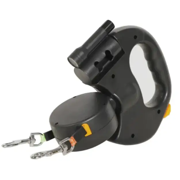 Black retractable dog leash with a built-in flashlight and dual metal clips.