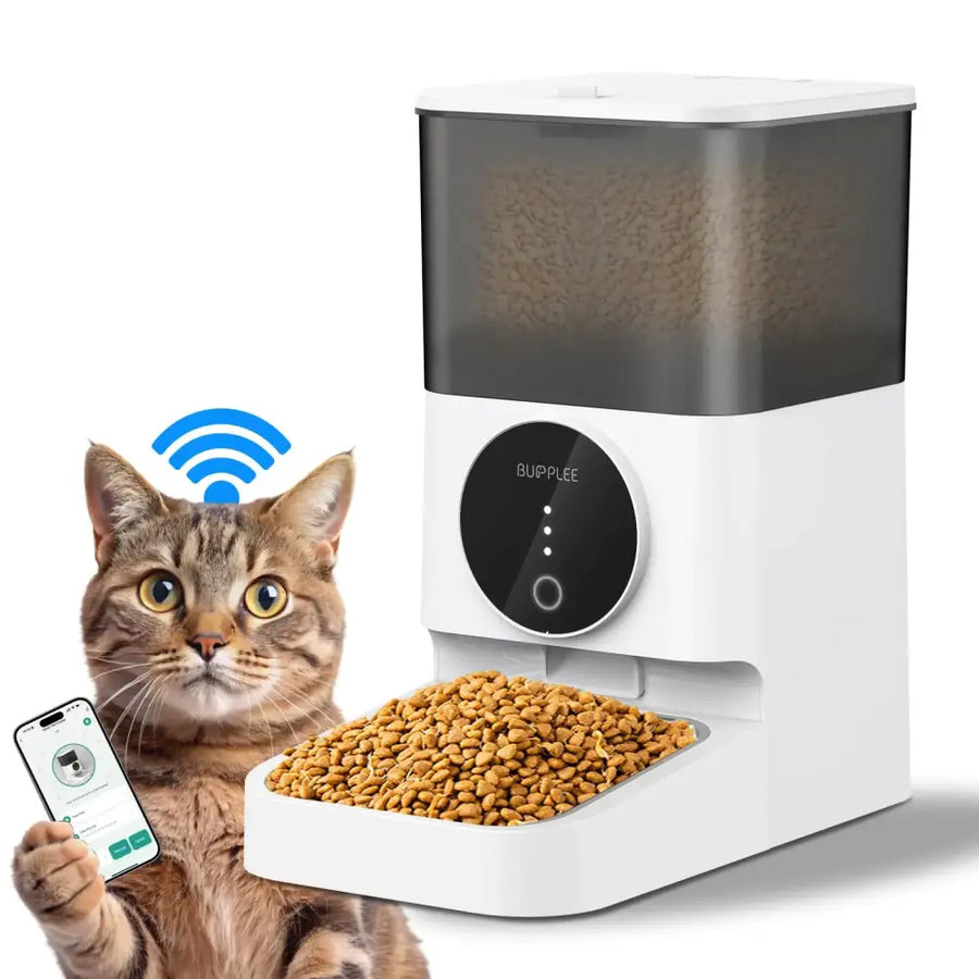 White and gray bupplee smart pet feeder with a digital control panel, transparent food storage compartment filled with kibble, and an automatic dispensing tray.