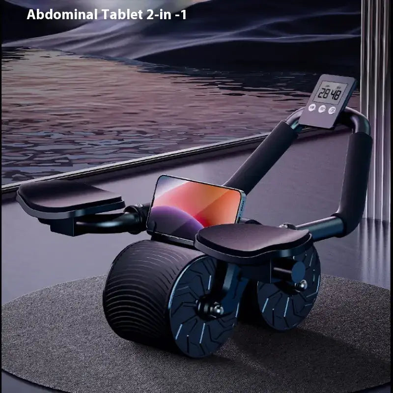 Black 2-in-1 abdominal tablet with a digital display and integrated smartphone mount.