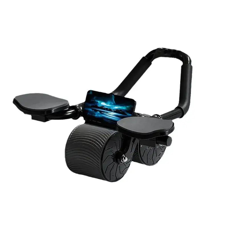 Black plastic ab roller with textured wheels and padded footrests.