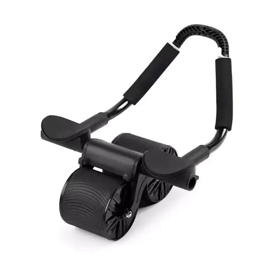Black plastic and rubber exercise roller with padded handlebars for core workouts.